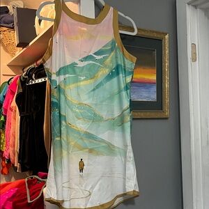 NWOT Scenic Watercolor Shift Tank Dress or beach coverup in Teal, Gold & Pink